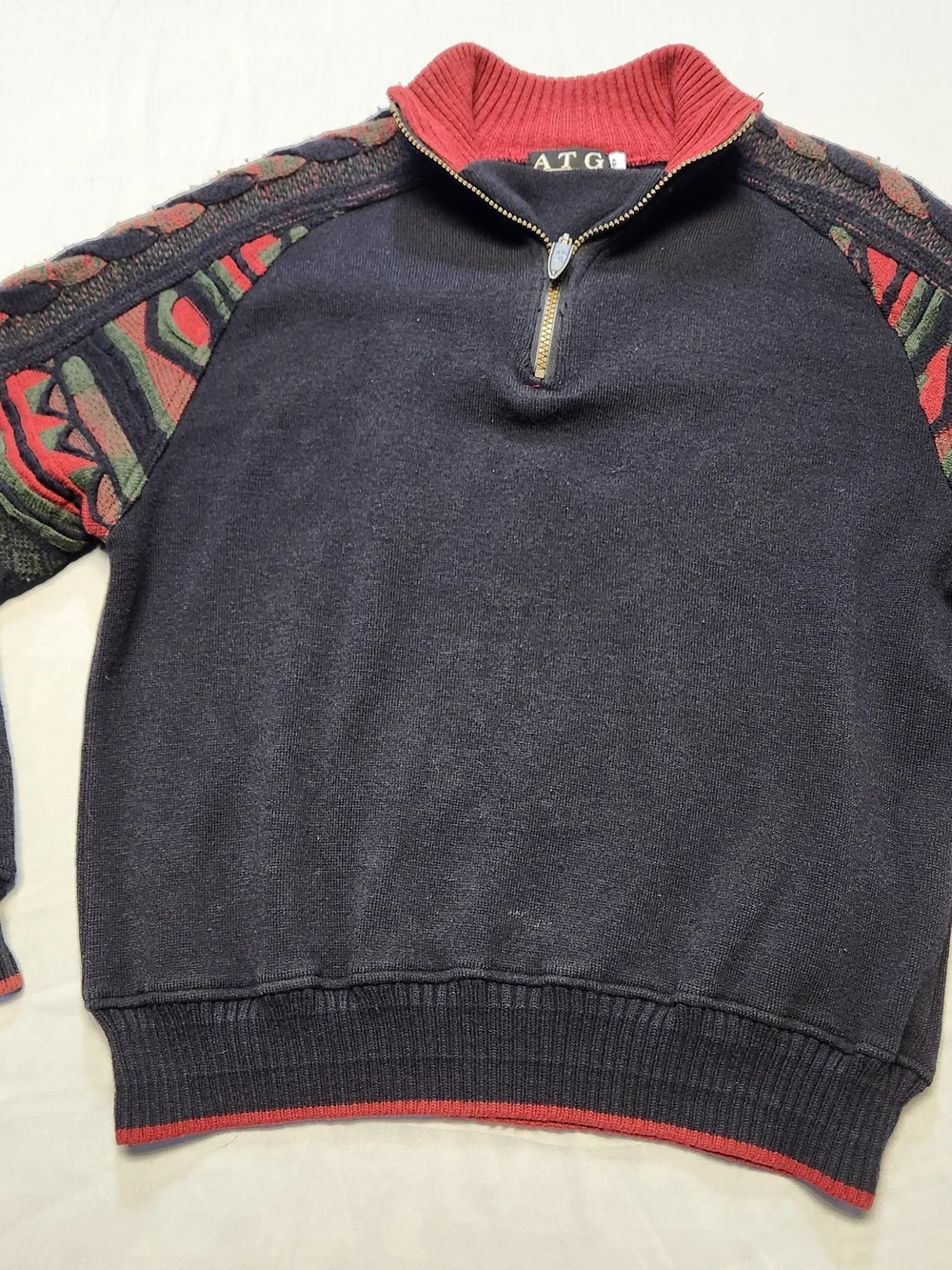 ATG All Terrain Gear 1/4 Zip Sweater Crochet 3D Knit Coogie Sleeves Men's S Y2K